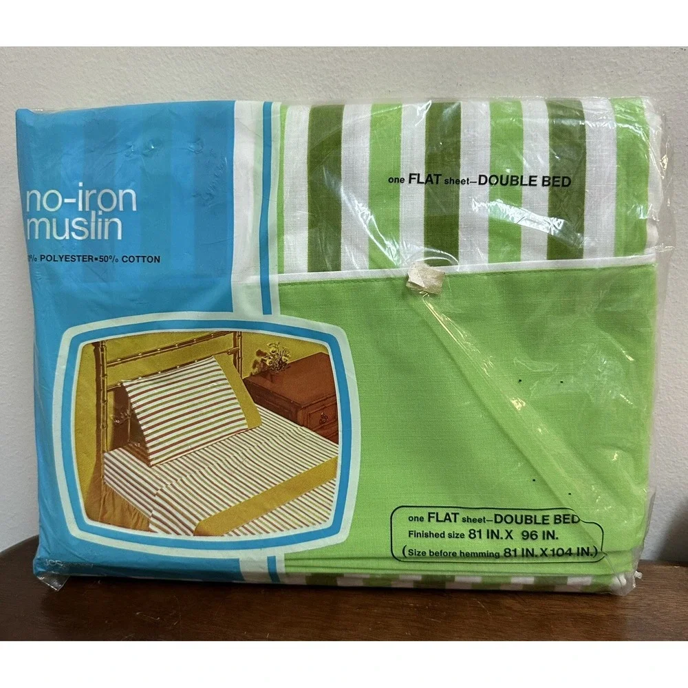 Vintage No Iron Muslin Full Flat Sheet Bright Retro Green Made in USA NEW NOS